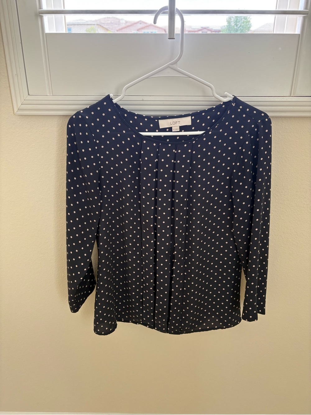 LOFT Navy and White Polka Dot Pleated Front Blouse